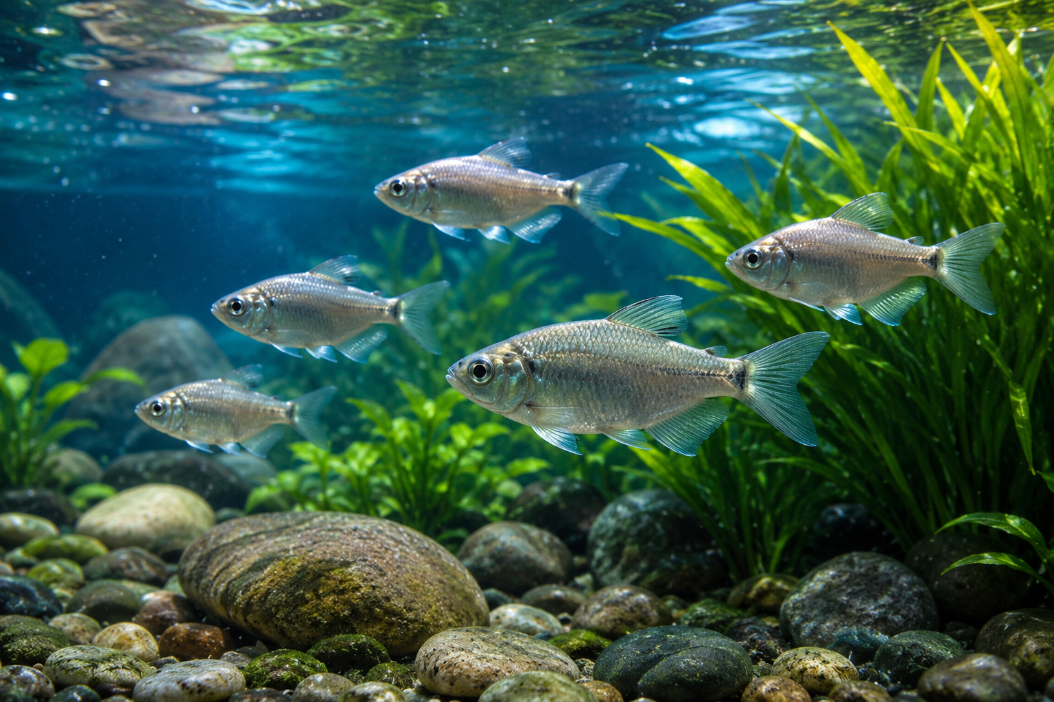 A crystal-clear freshwater aquarium with silver fish, plants, and river stones