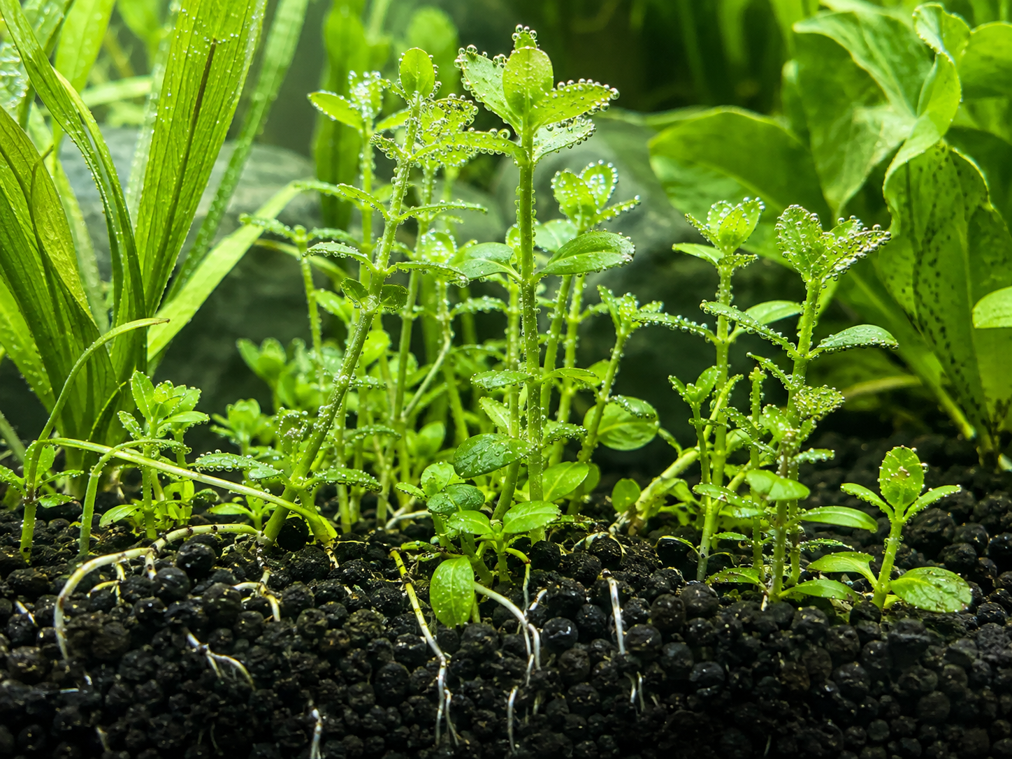 Healthy aquatic plant shoots growing through dark aquarium substrate