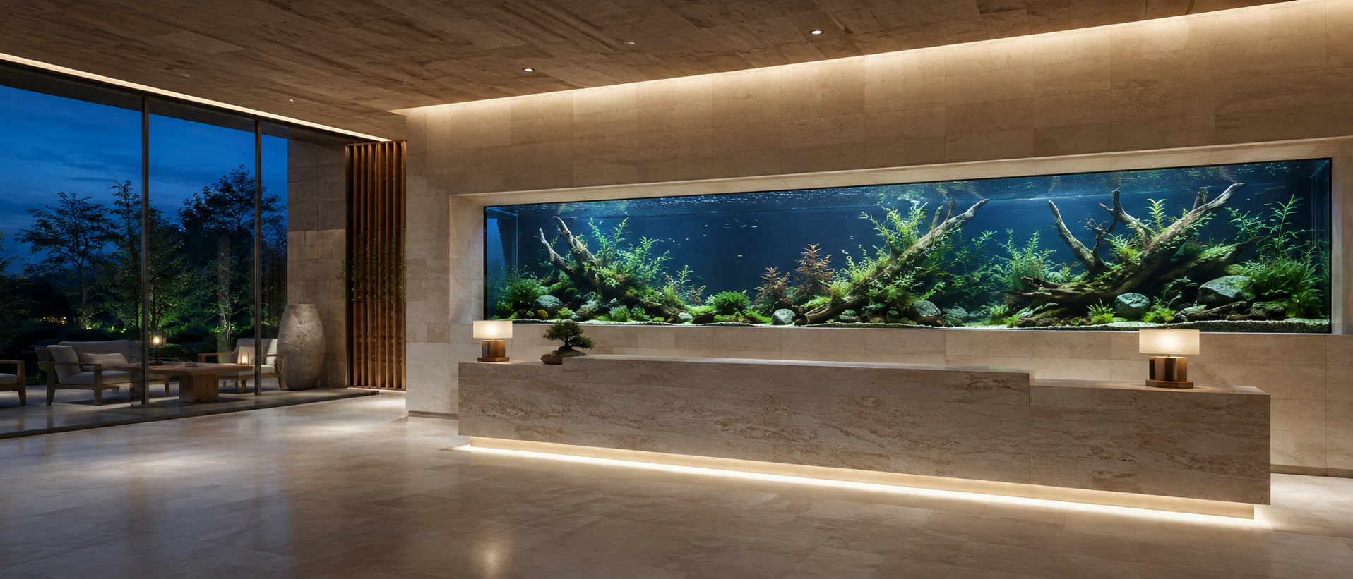 A panoramic built-in freshwater aquarium in a minimalist hotel reception