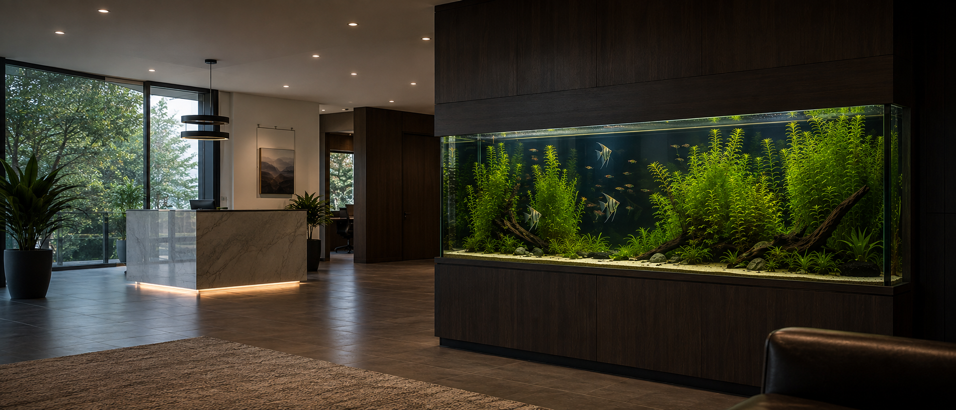 A large planted aquarium integrated into a refined professional reception area